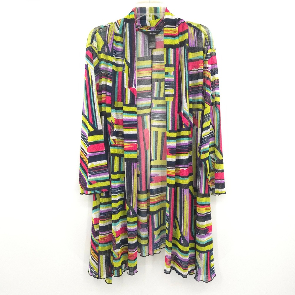 Ali Miles Cardigan Women 3X Multi Color Abstract Geometric Mesh Open Front Layer